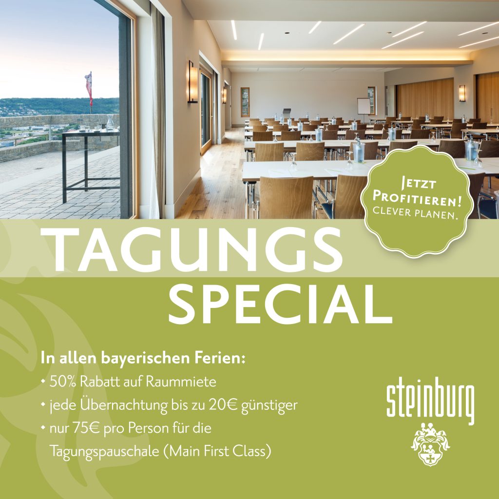 Werbegrafik für das Tagungs-Special des Schlosshotels Steinburg in Würzburg mit modernem Konferenzraum und Blick auf das Maintal – inklusive Sonderangeboten für bayerische Ferien.